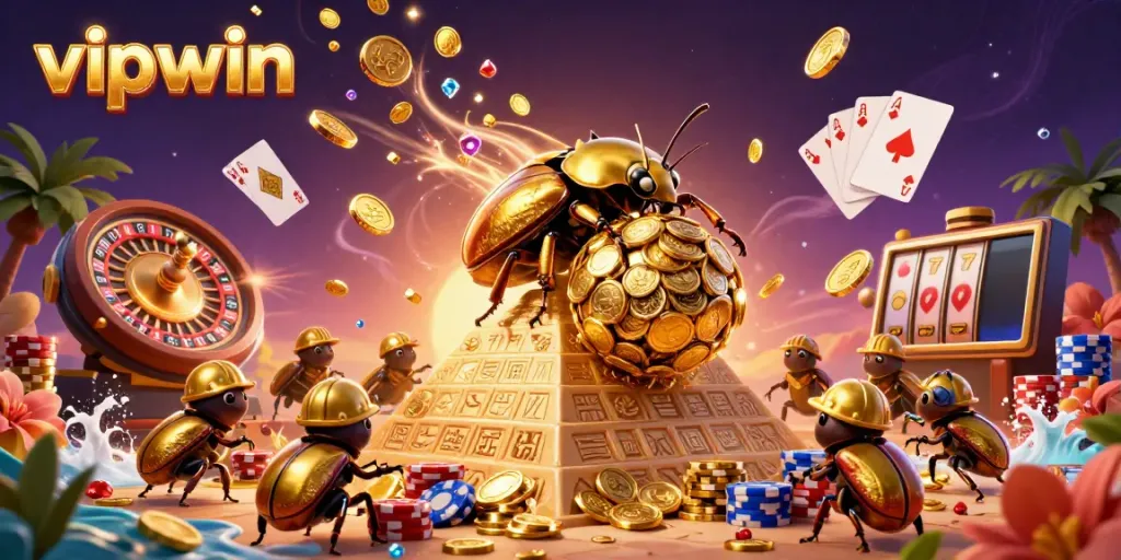 Experience thrilling gameplay with vipwin's colorful casino elements and golden treasures all around.