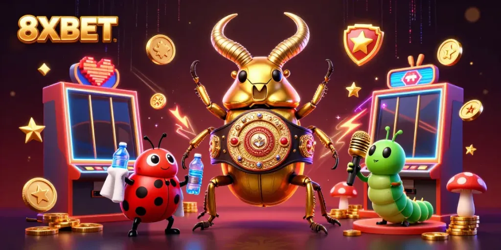 Experience the thrilling action of 8XBET with dynamic cartoon characters and vibrant casino elements.