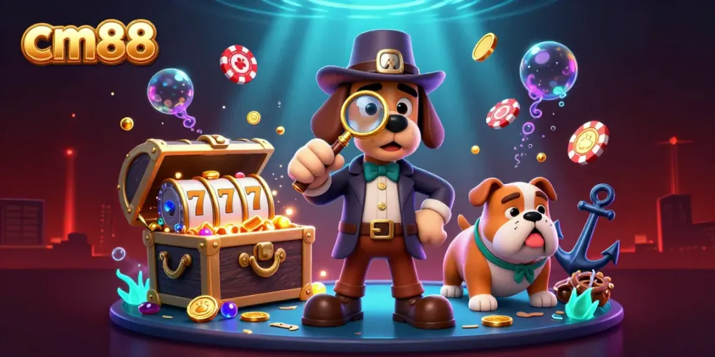 Engage with the cm88 casino experience featuring a detective and treasure clues in an underwater scene.