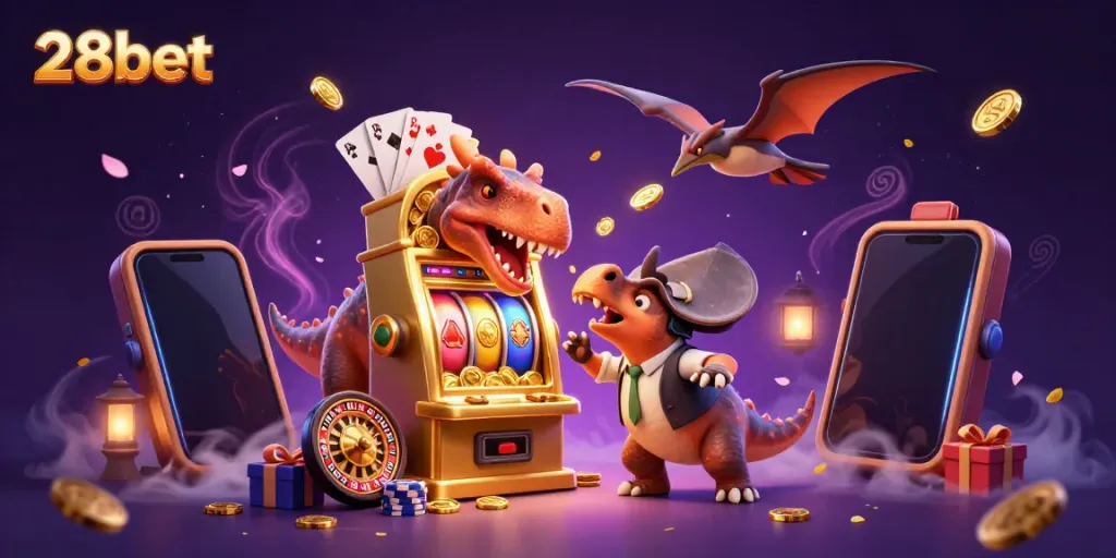 28bet highlights a lively casino scene featuring a dinosaur winning jackpots and a manager reacting.