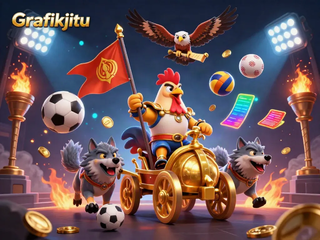 Grafikjitu showcases an exciting perspective of a cartoon rooster warlord leading a thrilling gambling scene with dynamic sports elements.