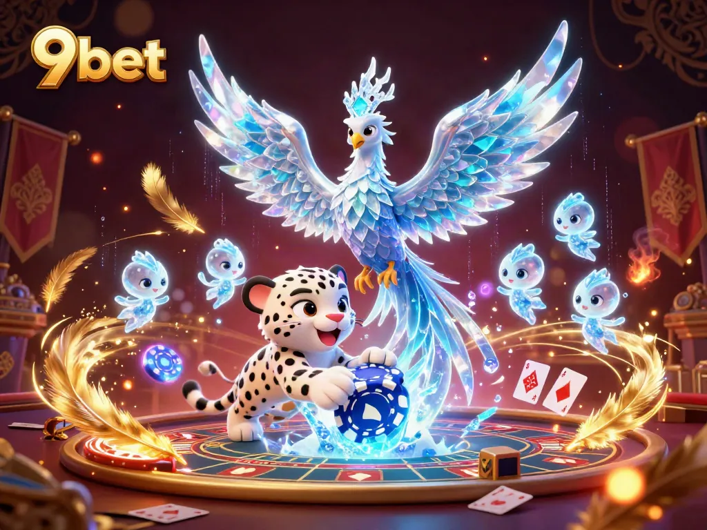 Exciting 9bet live casino scene with a playful snow leopard cub and harmonious glowing elements.