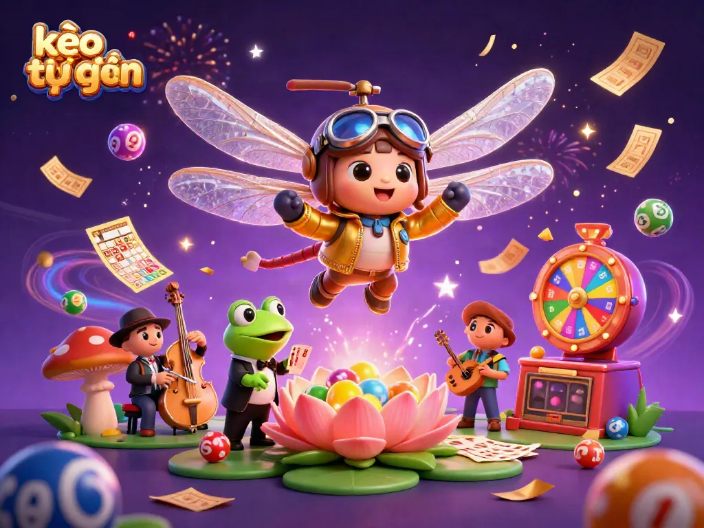 Experience kèo trực tuyến excitement with a lively scene featuring a dragonfly pilot, frog croupier, and jazz musicians.