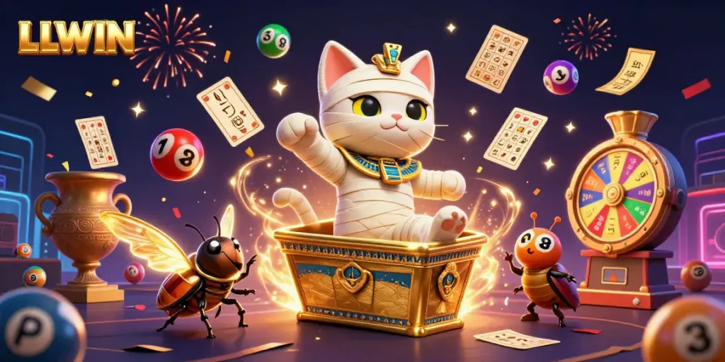 Experience the thrills of LLWIN with a dynamic gaming scene featuring a 3D mummy cat and vibrant casino elements.