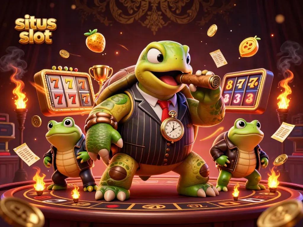 Experience the thrill of situs slot with a cartoon turtle mobster and his frog enforcers on a vibrant casino floor.