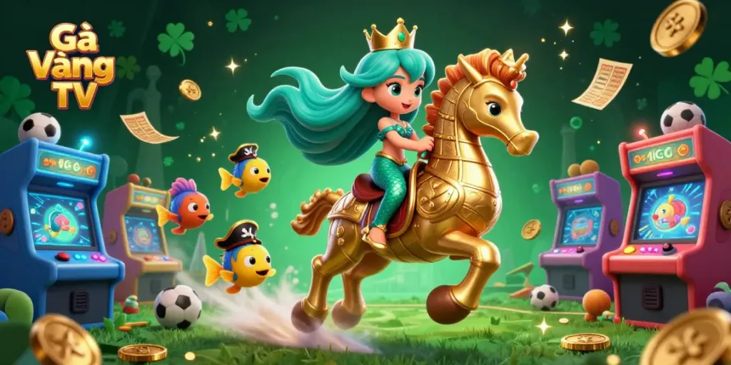 Win exciting bets with Gà Vàng TV's vibrant 3D casino illustration showcasing dynamic sports betting elements.