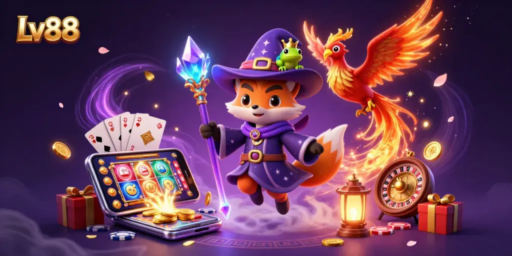 Experience thrilling wins at Lv88 with a magical casino scene featuring a wizard fox and phoenix.