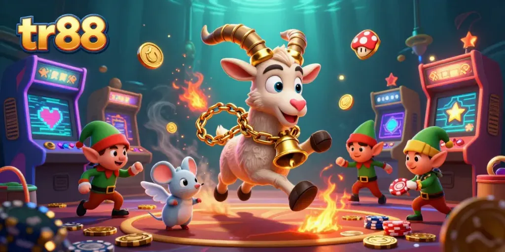 Engage with the exciting world of tr88 in a festive casino scene featuring Krampus, an angel mouse, and mischievous elves.