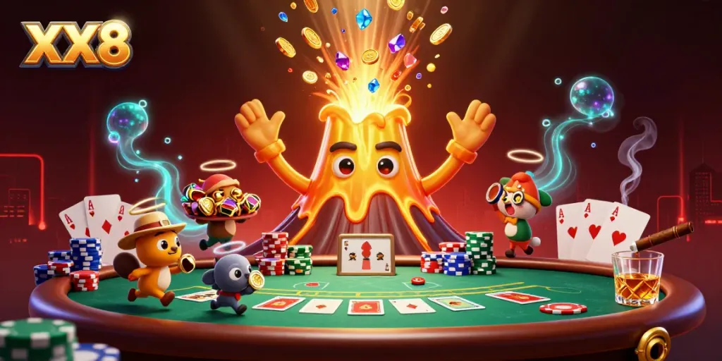 Win big with XX8 in this captivating casino scene featuring vibrant poker elements and dynamic treasure.
