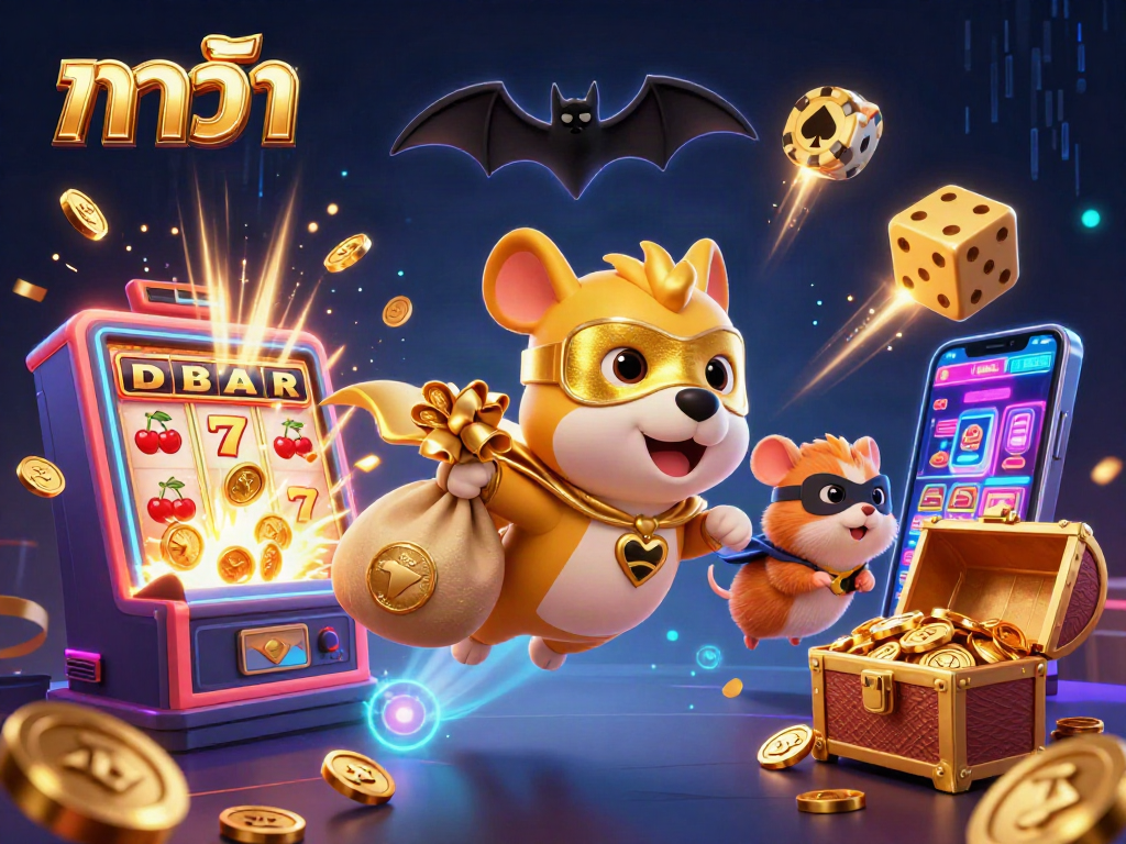 Engage in the thrilling game of บาคาร่า as a superhero dog flies with riches amidst vibrant casino elements.