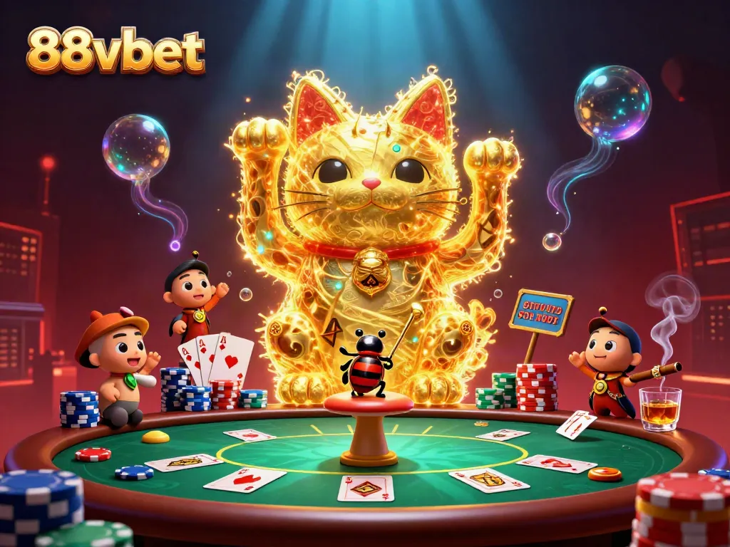Bet and win at 88vbet with a vibrant scene of a giant lucky cat and poker action.