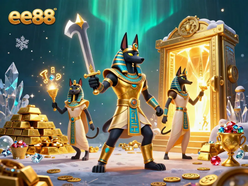 Experience the thrill of online gaming with ee88's captivating 3D casino scene featuring Anubis and treasure elements.