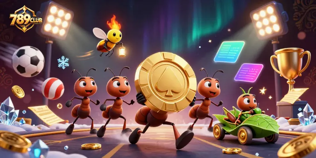 Ants carry a giant poker chip in a dynamic scene promoting 789CLUB gaming excitement.