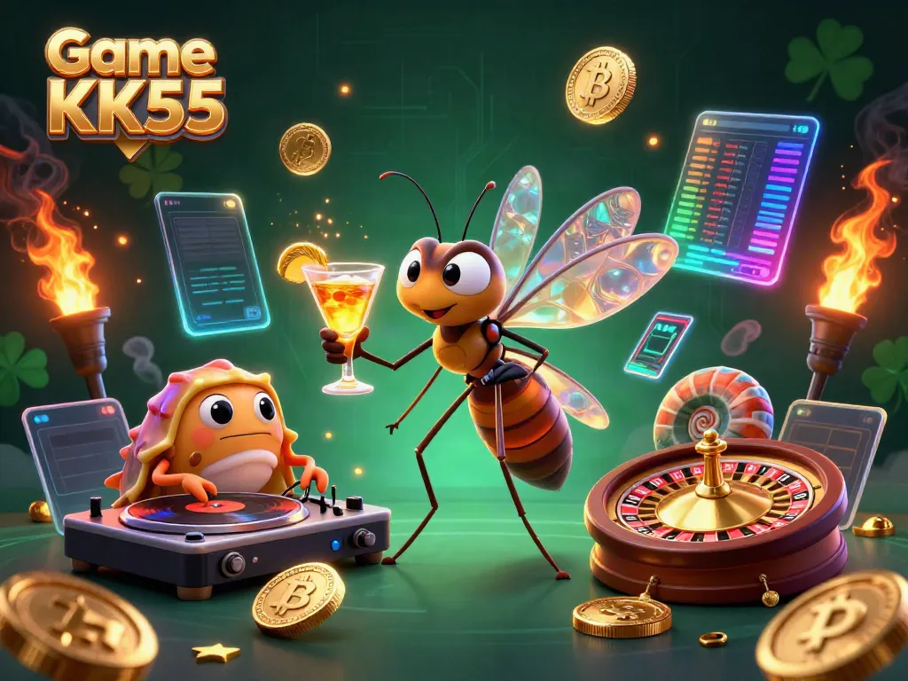 Engage in Game KK55 excitement with vibrant characters, showcasing a casino atmosphere and crypto elements.