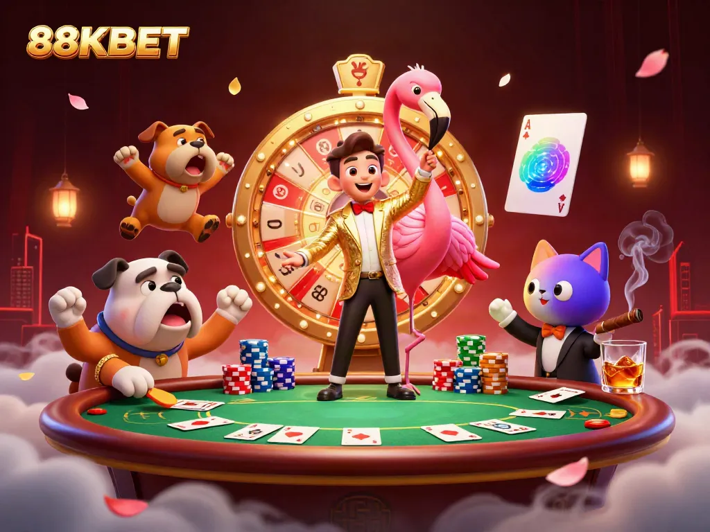 Experience exciting gameplay with 88KBET as flamingo hosts a prize wheel, surrounded by vibrant poker elements.