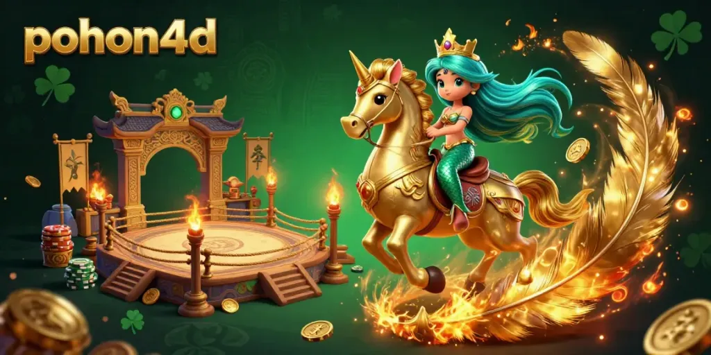 Pohon4d offers an engaging online gambling experience with a vibrant illustration of a mermaid and seahorse in a casino setting.