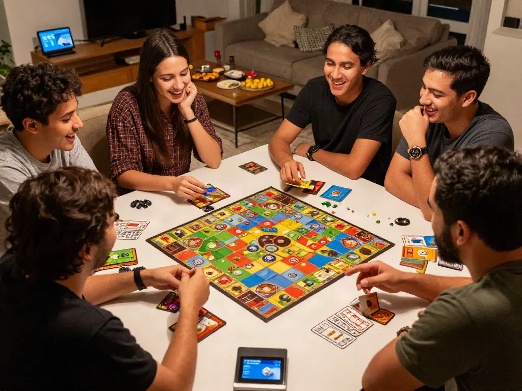 Kilat404 friends enjoying a lively game night in a cozy setting.
