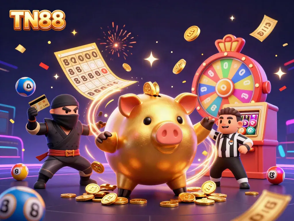 Experience the excitement of TN88 with this dynamic casino-themed illustration featuring vibrant characters and symbols.
