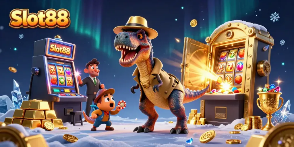 Experience the vibrant Slot88 scene with a clever velociraptor at the slots, pilfering chips.