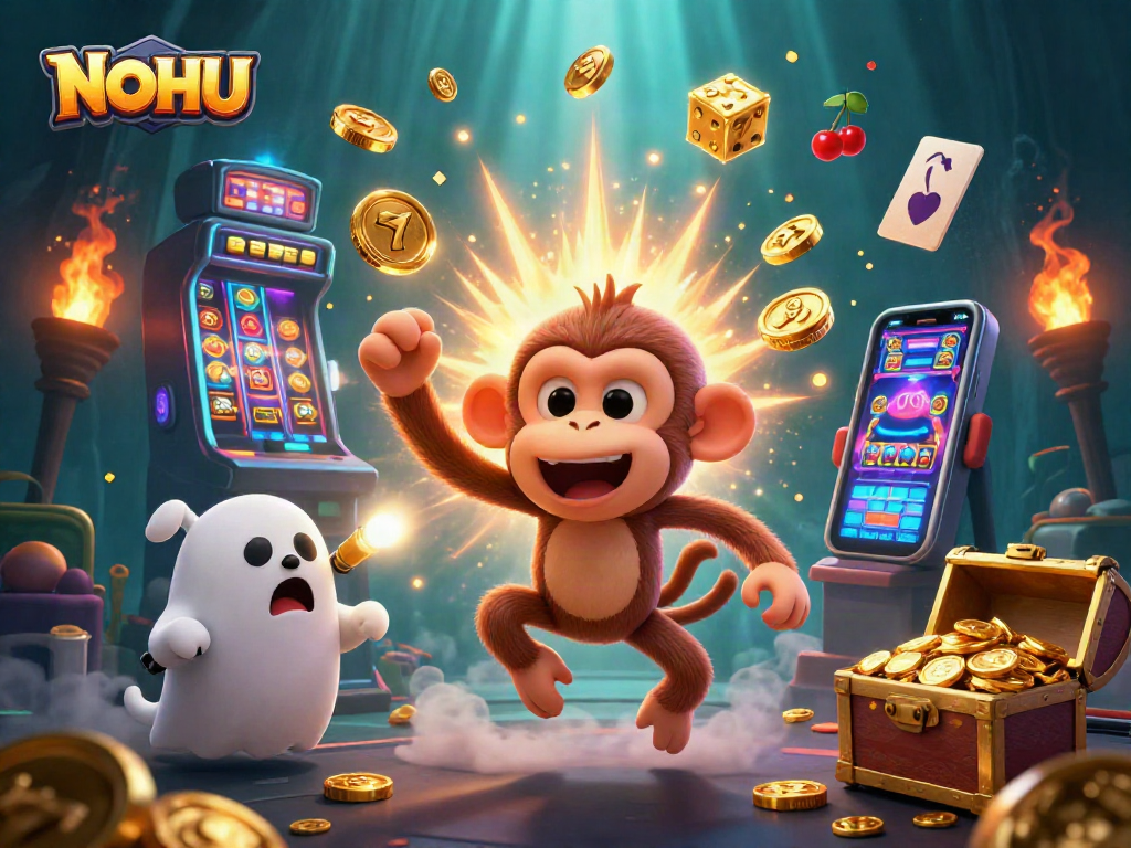 Witness NOHU's spirited casino action with a ghostly monkey juggling golden treasures amid slot machine excitement.