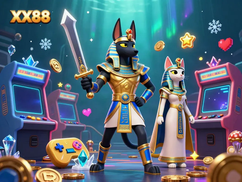 Experience thrilling gameplay with XX88 as Anubis and Bastet lead the adventure in a vibrant casino scene.
