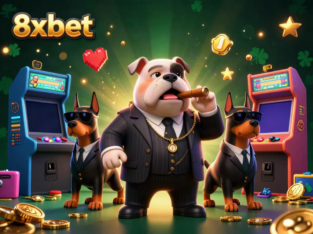 Experience gaming excitement with 8xbet's vibrant casino scene featuring a cartoon mafia boss.