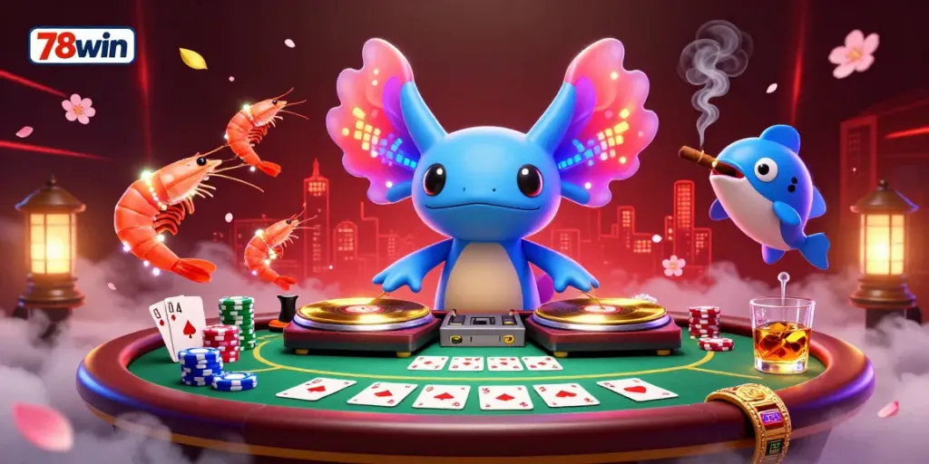 Engage with 78win's dynamic gaming scene featuring a vibrant axolotl DJ and exciting poker elements.