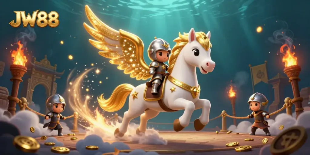 Engage with JW88 live casino vibes, featuring a celestial horse and knight amidst dynamic betting elements.
