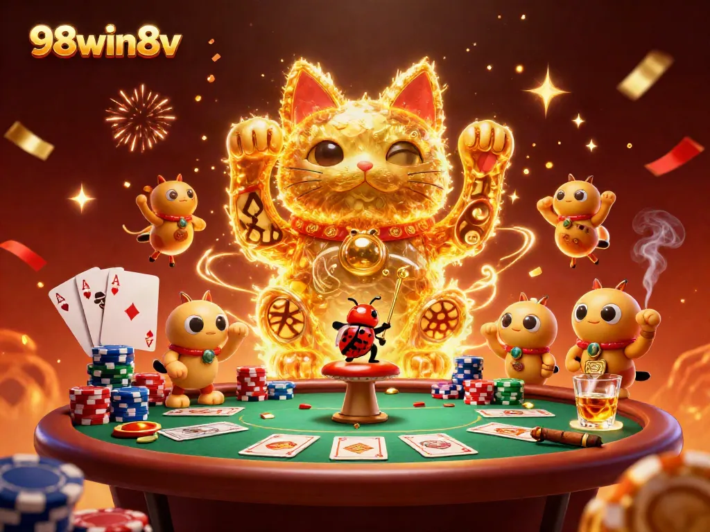 Play and win big at 98win8v casino with a lucky cat and vibrant gaming symbols surrounding it.