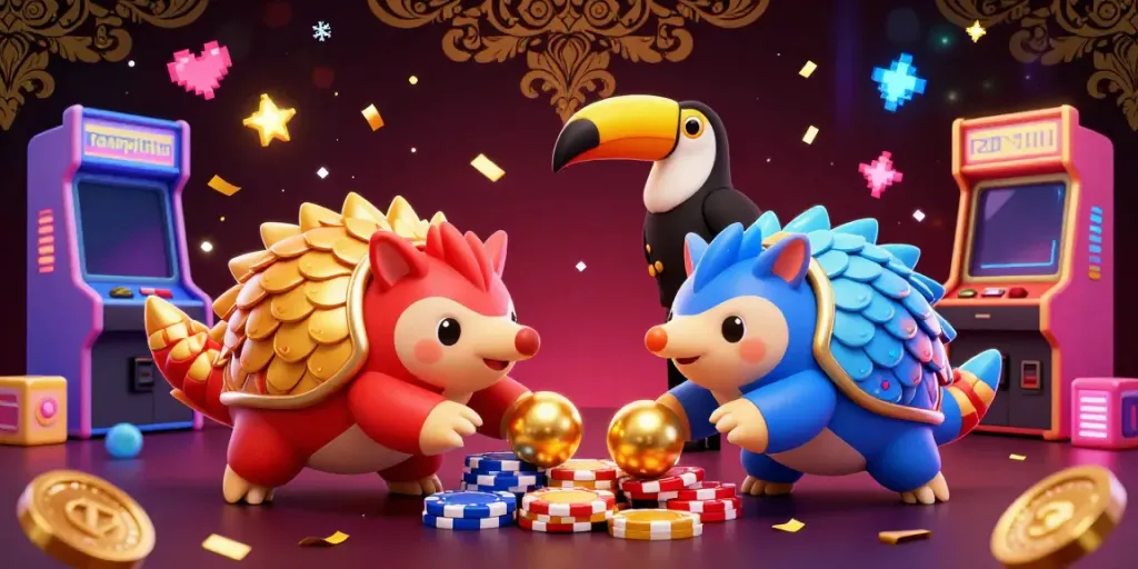 Tampiljitu illustrates a fun competition between pangolins bowling through poker chips in a vibrant casino setting.