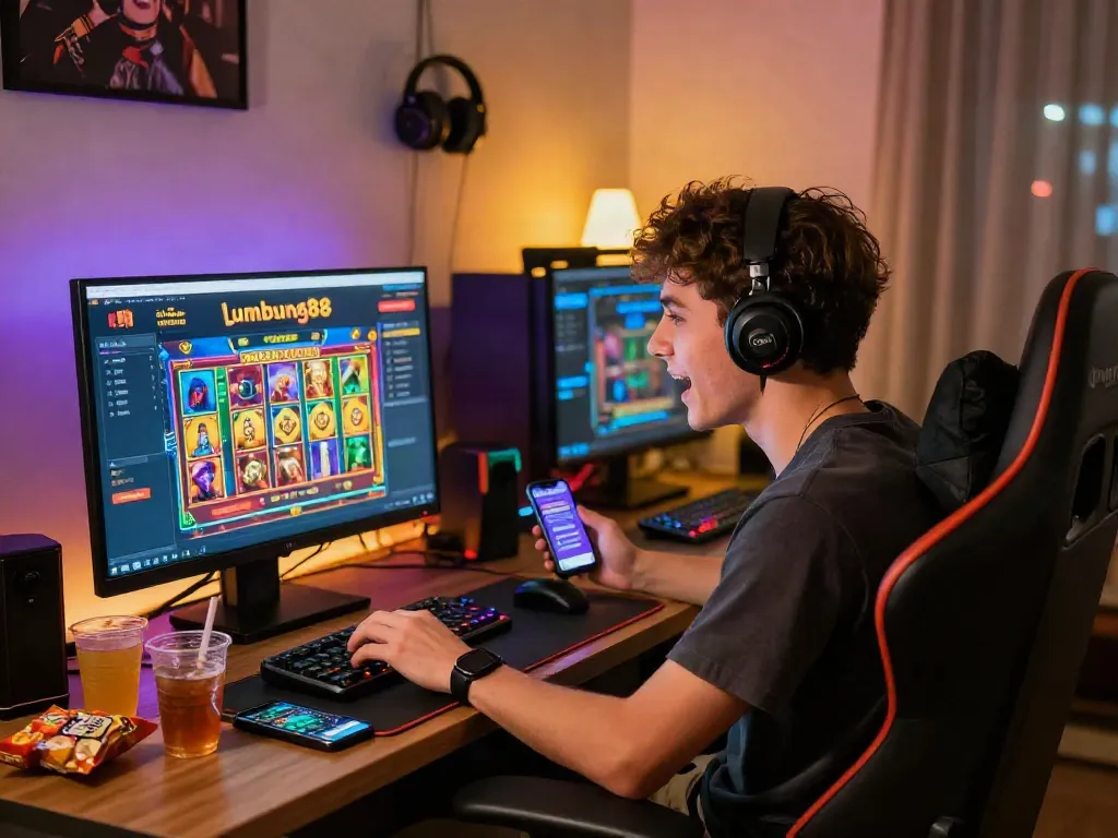 Engaged gamer immersed in lumbung88 online gaming experience, showcasing vibrant setup and energetic atmosphere.