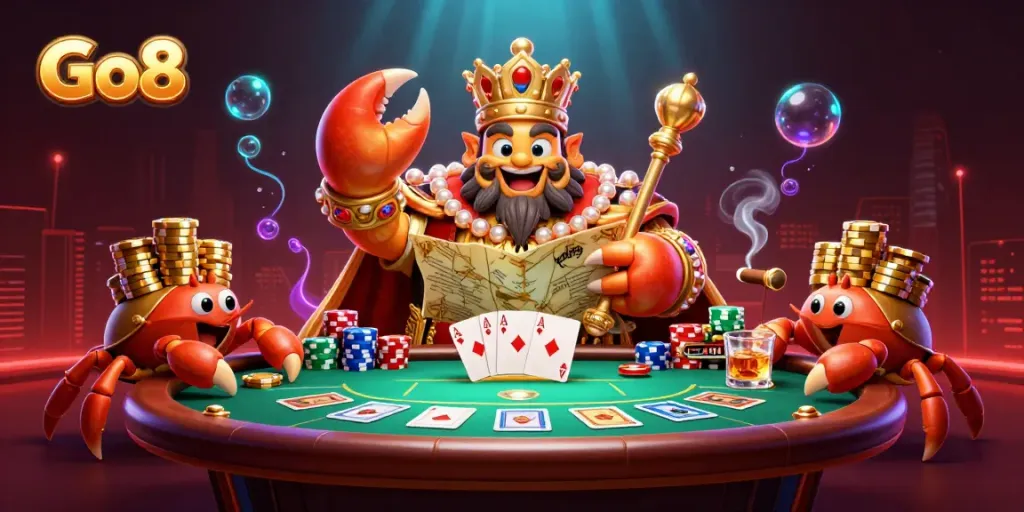 Experience thrilling action at Go8 with a golden crab emperor presiding over a lavish poker scene.