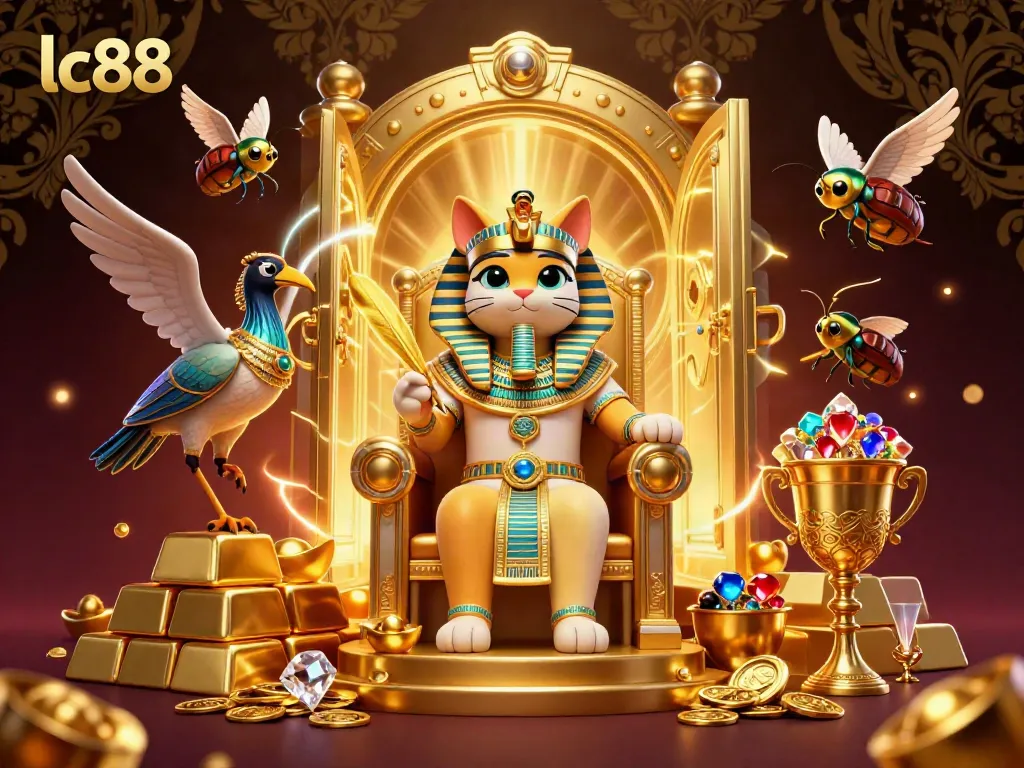 Experience thrilling luck with lc88 as Egyptian cat royalty reigns amidst treasures.