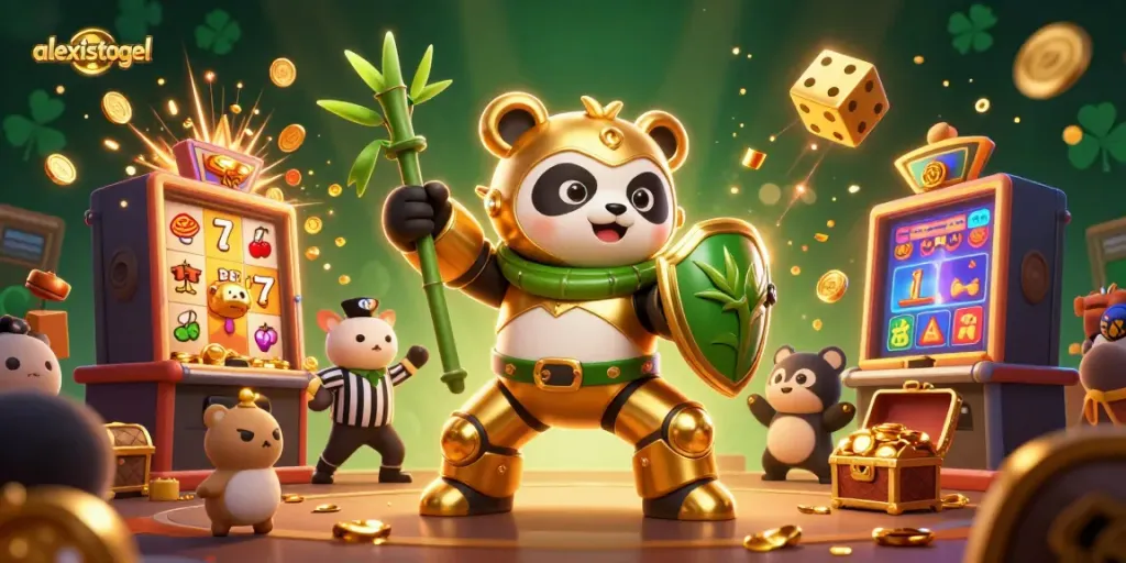 Gambarkan aksi permainan slot yang menarik dengan alexistogel dan robot panda bertarung dalam arena kasino.