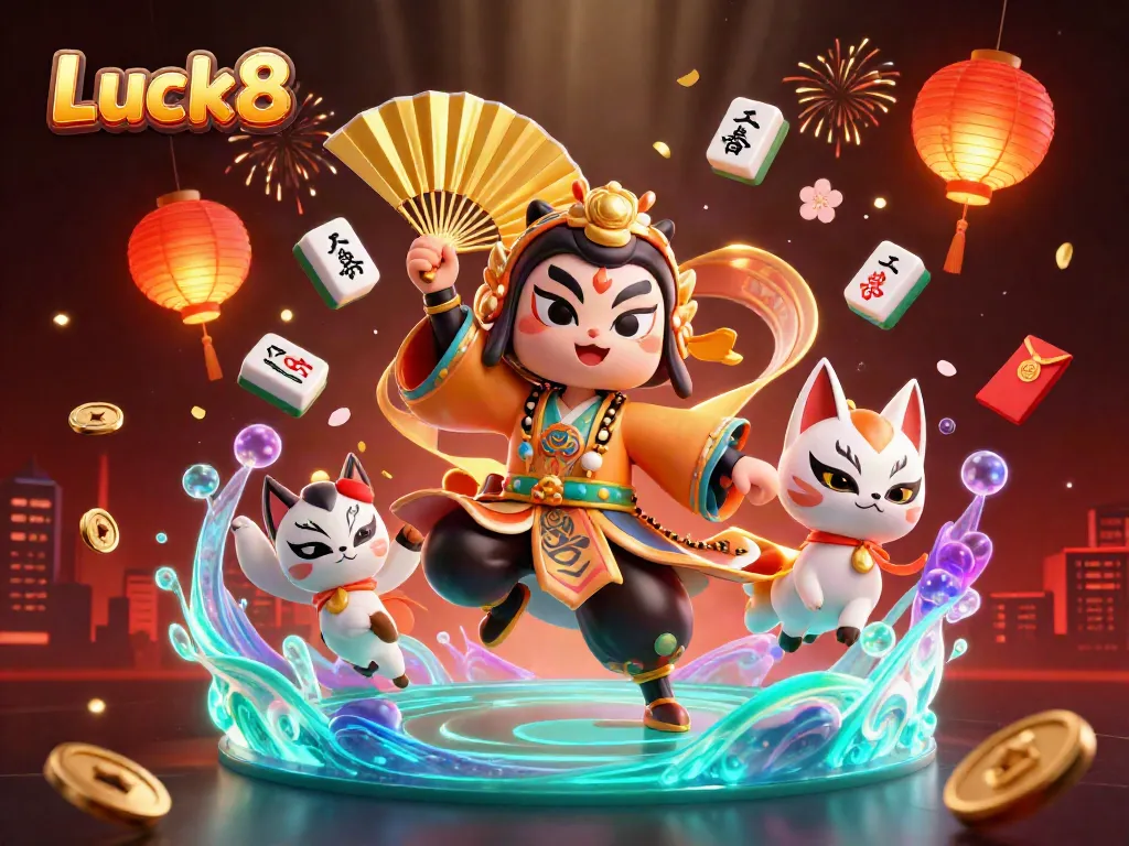 Immerse in the vibrant world of Luck8 with a kabuki warrior and kitsune, amidst dynamic casino elements.
