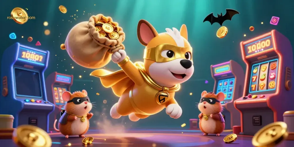 Experience gaming excitement with rosewaterroom's superhero dog and hamster racing through a colorful casino world.
