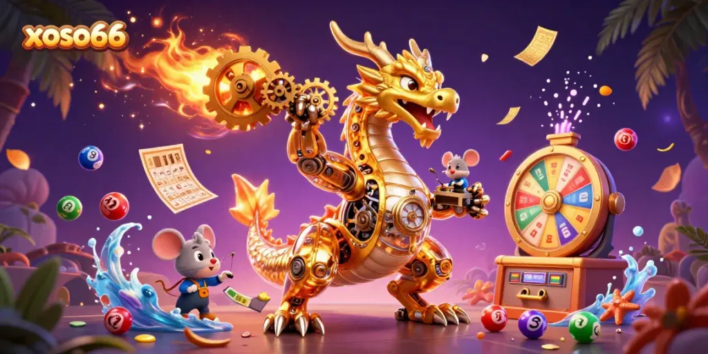 Experience the excitement of xoso66 lottery with vivid 3D illustrations of games, dragons, and prize elements.