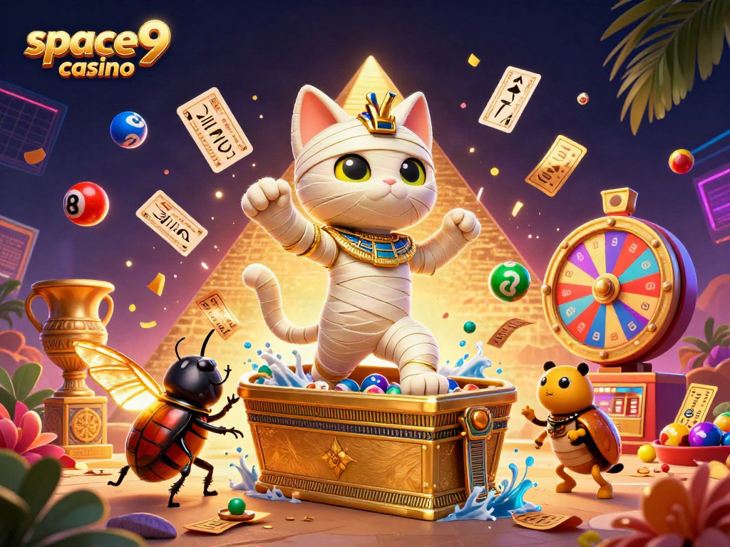 Experience the excitement of space9 casino with a lively scene featuring a mummy cat and colorful lottery elements.