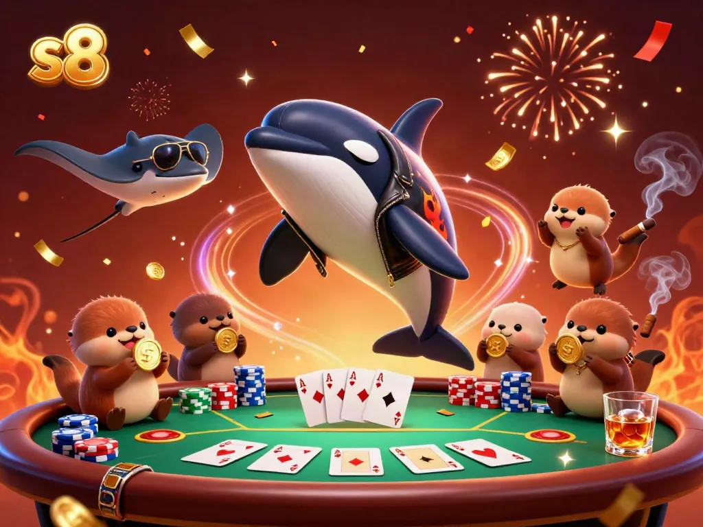 Experience excitement with S8 as cartoon characters celebrate wins at a vibrant casino-themed scene.