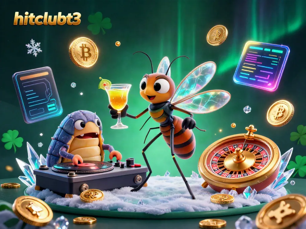 Hitclubt3 showcases vibrant casino gaming with a whimsical frozen mosquito mascot and interactive DJ elements.