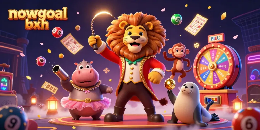 Experience the thrill of gambling with nowgoal bxh's vibrant scene featuring a lion, hippo, monkey, and seal surrounded by dynamic lottery elements.