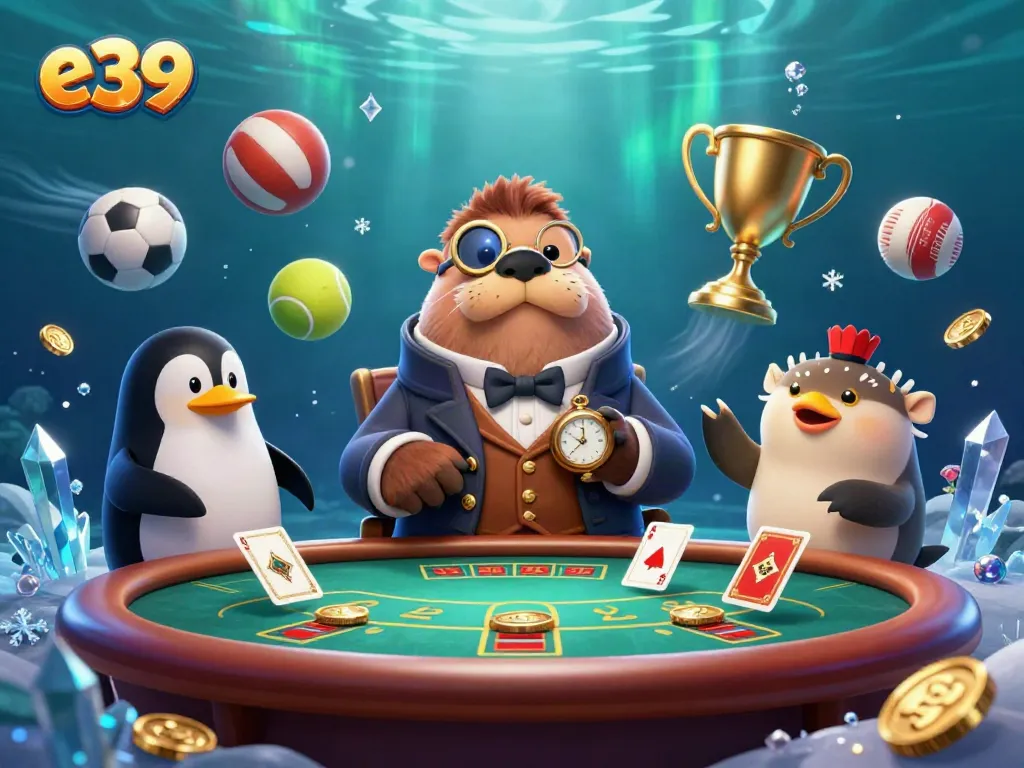 Experience thrilling poker action at e39 with charming underwater characters in a rich casino setting.