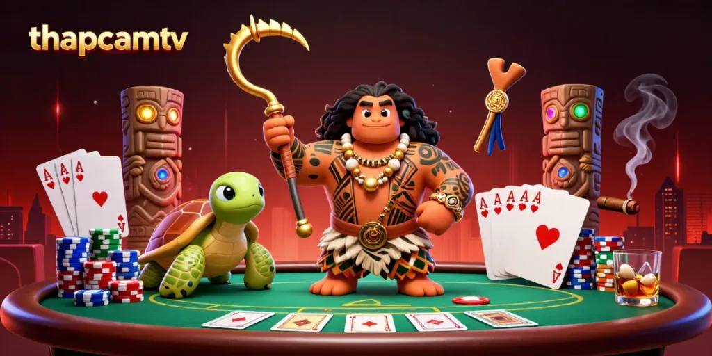 Experience thapcamtv's thrilling poker action with a vibrant illustration of characters at a lively poker table.