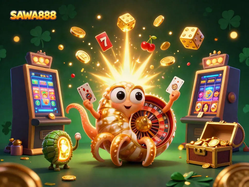 Experience thrilling gameplay with SAWA888's vibrant 3D illustration showcasing exciting slots and casino elements.