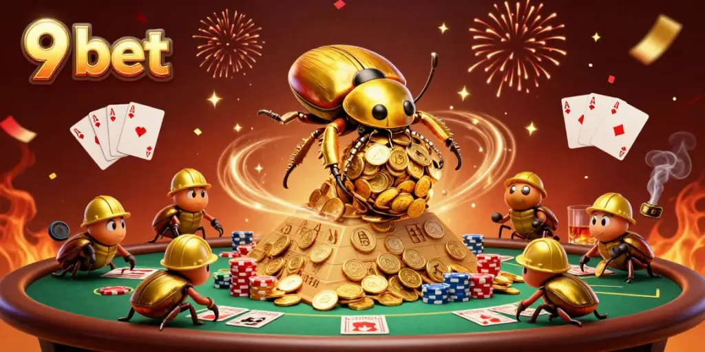 Experience the excitement of 9 bet with golden beetles rolling coin jackpots at the casino.