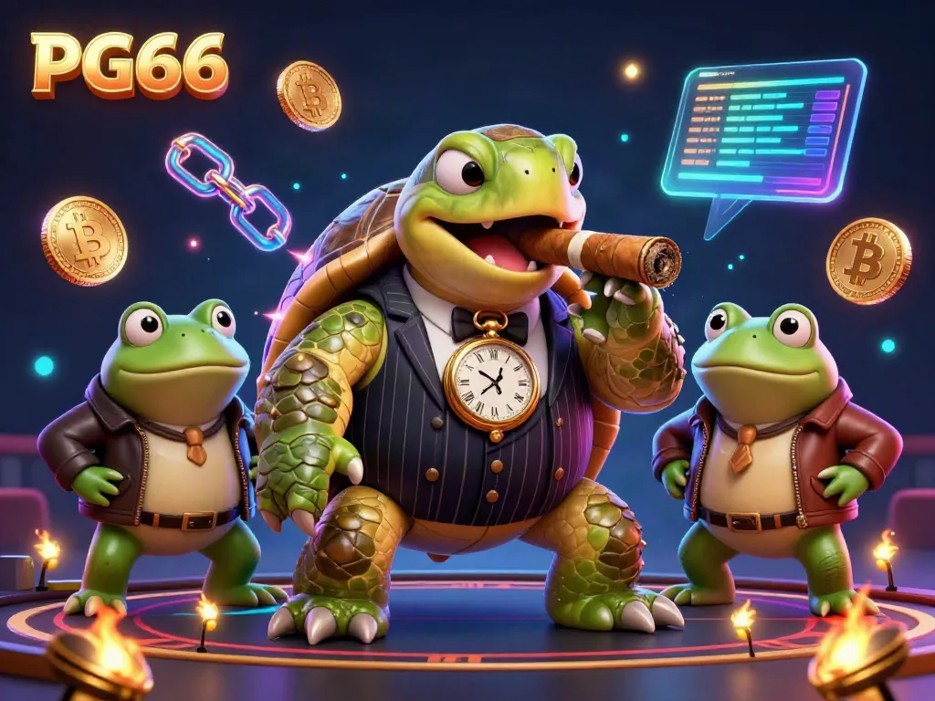 Winning at PG66 with a massive snapping turtle and bullfrog enforcers in a vibrant casino scene featuring cryptocurrencies.