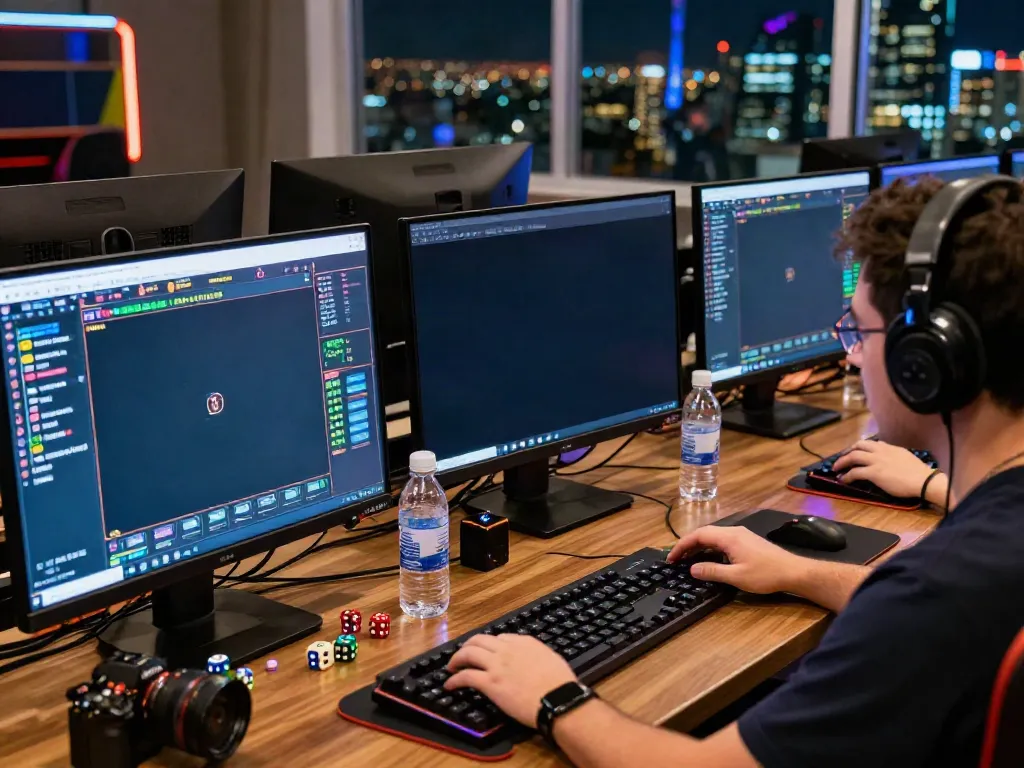 Player engaged in a bandar togel game online, surrounded by gaming gear and vibrant lighting.