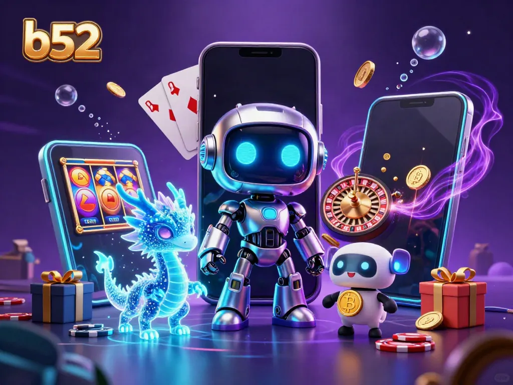 Experience the thrill of b52 gaming with a vibrant, ultra-detailed casino scene featuring a cyberpunk robot and a dynamic holographic dragon.