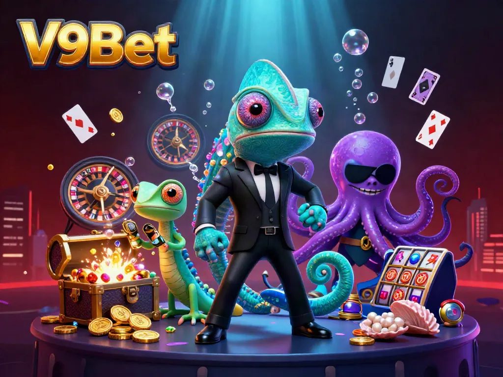 Experience thrilling casino action with V9Bet in this vibrant 3D illustration featuring a secret agent chameleon, a gadget-savvy gecko, and a villainous octopus.