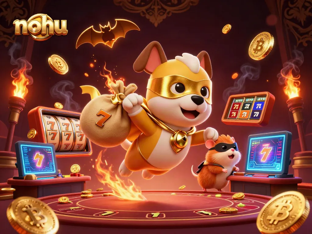 Experience thrilling jackpot action with nohu as a superhero dog flies with gold coins in a vibrant casino scene.